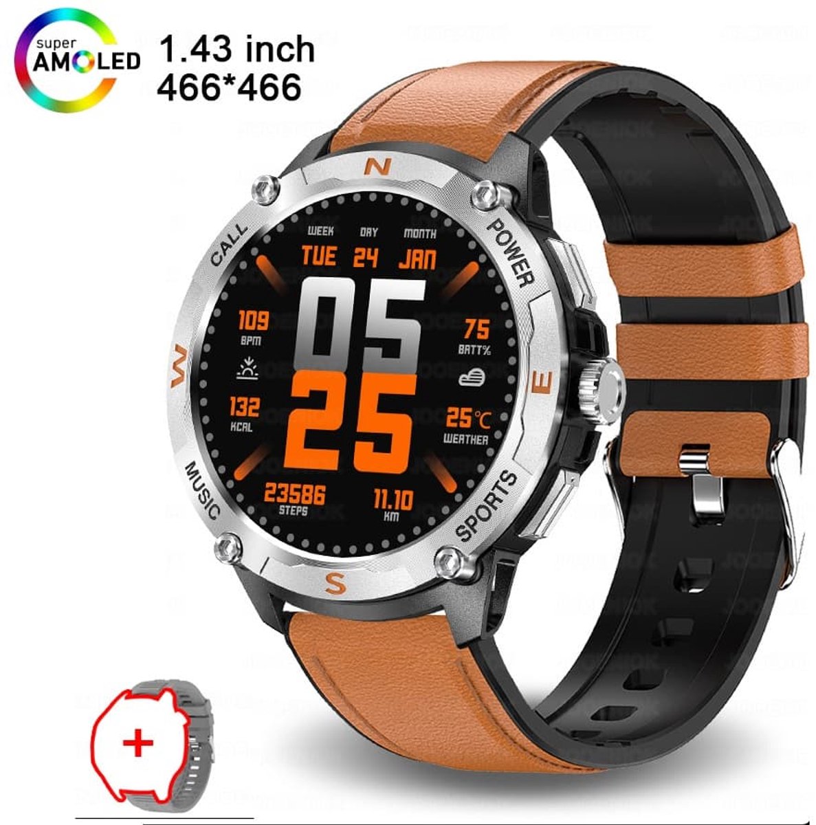 Knobbout Outdoor GPS Smartwatch 1.43” Scherm AMOLED – 466×466 HD, GNSS Satellietnavigatie, Bluetooth Bellen, Gezondheidsmonitoring - Bruin leren +silicone band
