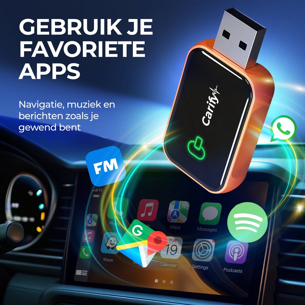Carify Premium 2-in-1 draadloze CarPlay & Android Auto adapter USB-A/C Bluetooth 5.4 oranje dongle - Afbeelding 3