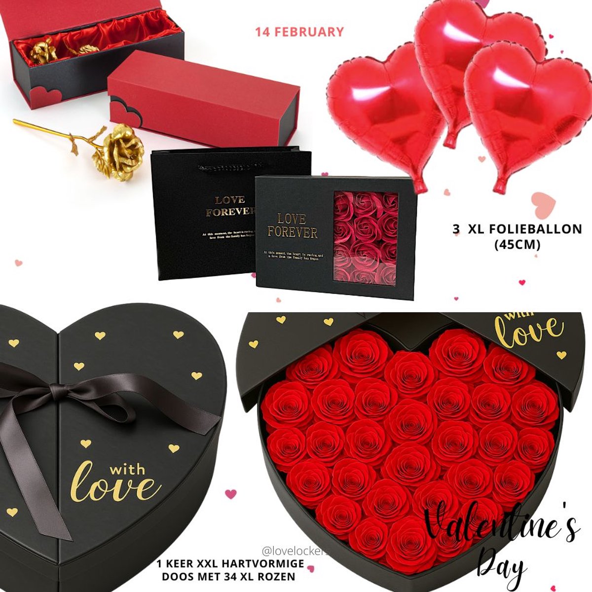 Lovelockers® | Valentijn Cadeau Pakket Hart met grote Rode Rozen | Gouden Roos | I Love You doosje met 12 roosjes | 3 XL Hart Folie Ballon | Romatisch cadeau pakket