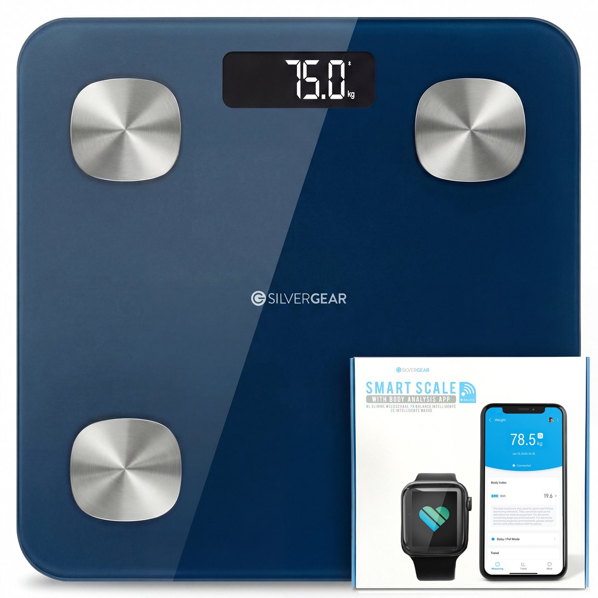 Bol.com Slimme Weegschaal met App - 14 metingen - Personenweegschaal Digitaal - Weegschaal met Lichaamsanalyse - Blauw - Silvergear aanbieding