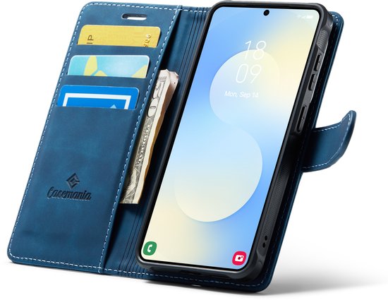 Open donkerblauwe book case met kaarthouders en telefoon.