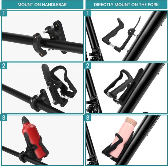 Allecto - Verstelbare fiets drinkfleshouder - Fiets bidonhouder - Geschikt voor alle fietsen - Zwart - 360 graden rotatie - Stevige bevestiging - Handig accessoire voor fietsers — afbeelding 3