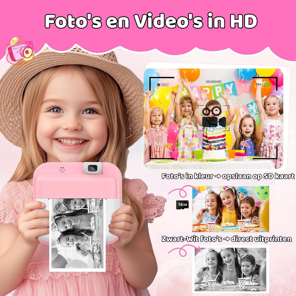 Luumuu® Digitale Kindercamera Met Foto Printer - Fototoestel Voor Kinderen - Kinder Fotocamera Instant Print- Speelgoed Video Camera Kind - Vlogcamera Kids - Sd Kaart 16GB - Roze - Incl. Ebook – foto 6