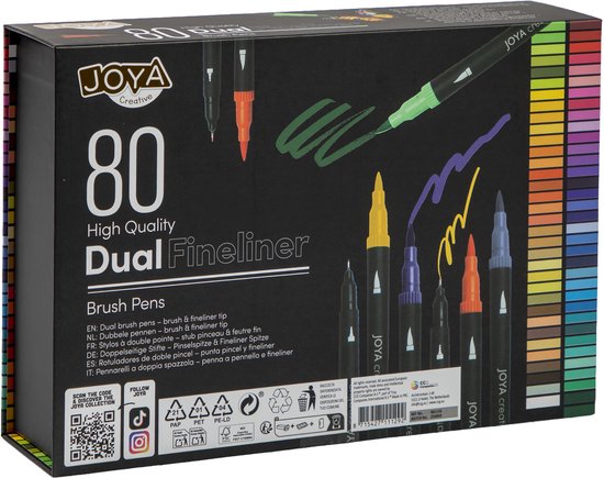 Doos met 80 Dual Fineliner pennen, met illustraties van pennen en gekleurde lijnen.