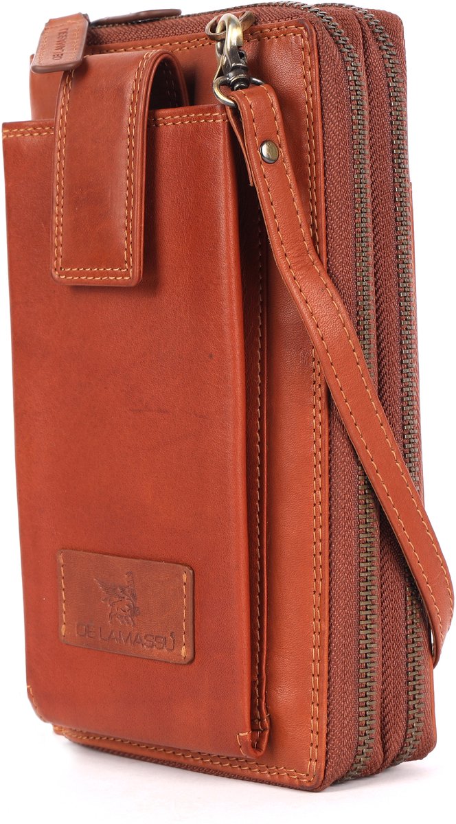 DE LAMASSU® (Zara) COGNAC Leren Dames Portemonnee & Crossbody – Echt Leer – RFID – Met Smartphonevak – Luxe Geschenkverpakking