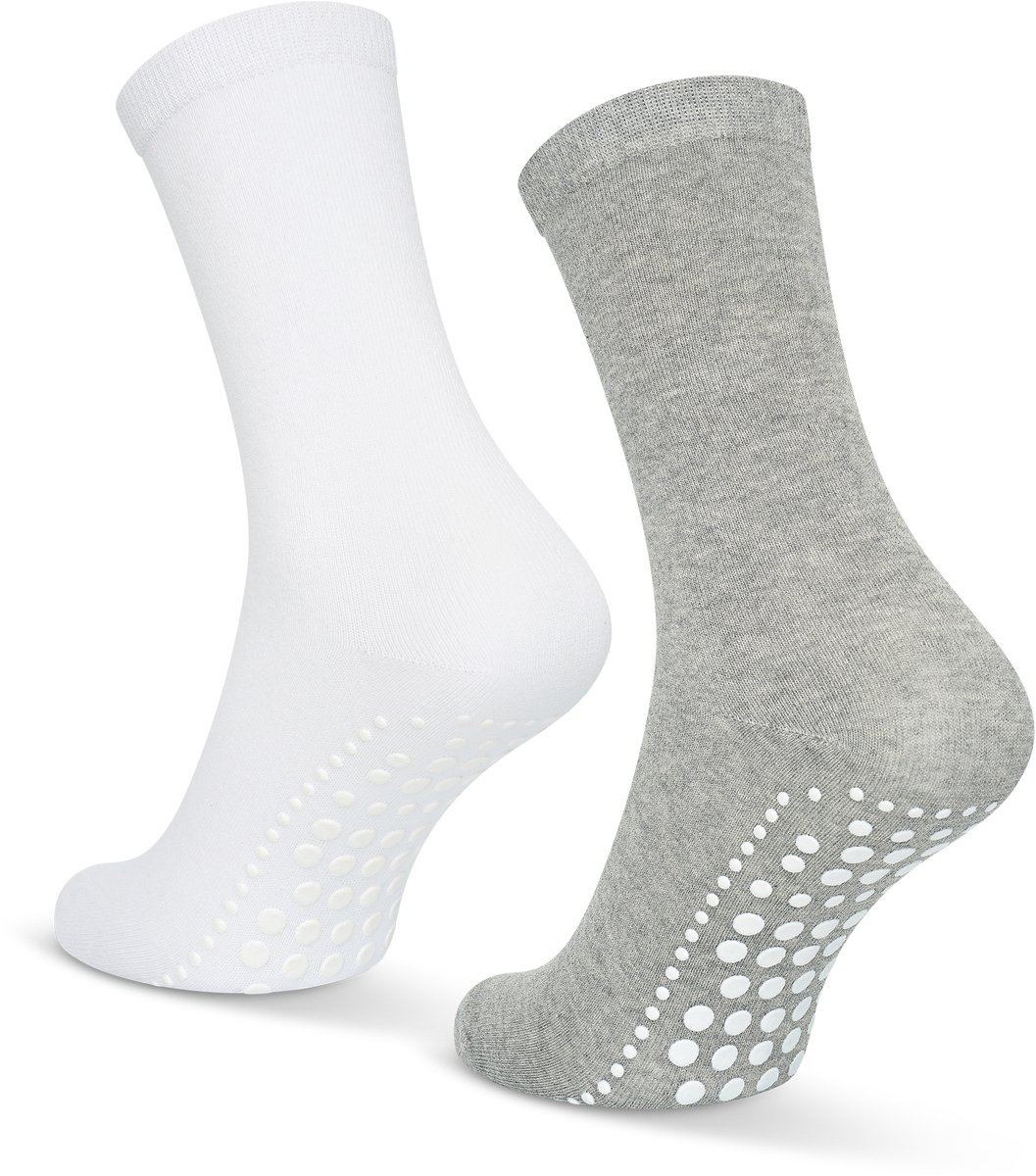 GEASY Antislip Sokken 2 paar - Antislip Sokken - Gripsokken - Anti-slip sokken - Licht Grijs - Wit - Maat 42-46 - Flex Grip - Huissokken - Heren - Dames - Ouderen - Unisex - Pilates