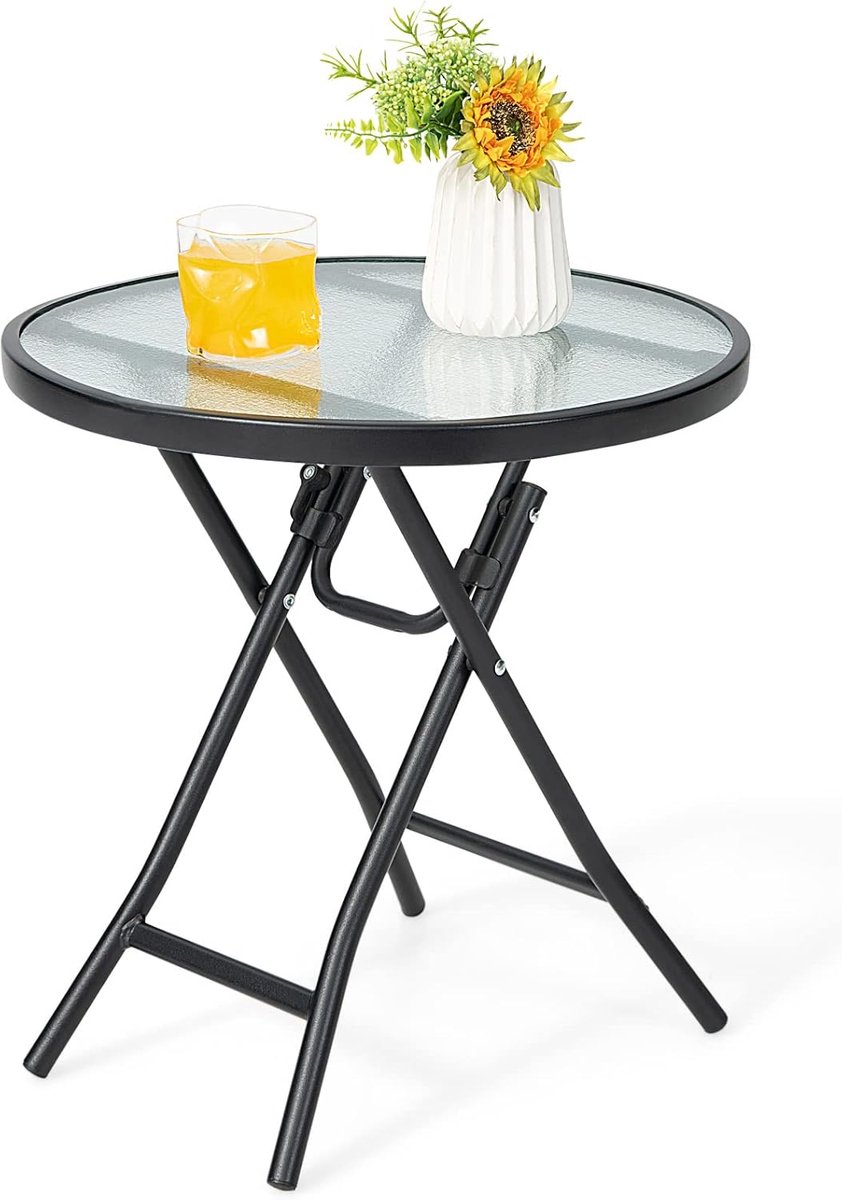 KOMFOTTEU Tuintafel, inklapbaar, bistrotafel met glasplaat en metalen frame, ronde zijtafel, voor balkon, terras (transparant, rond, φ46 x 47 cm (H))