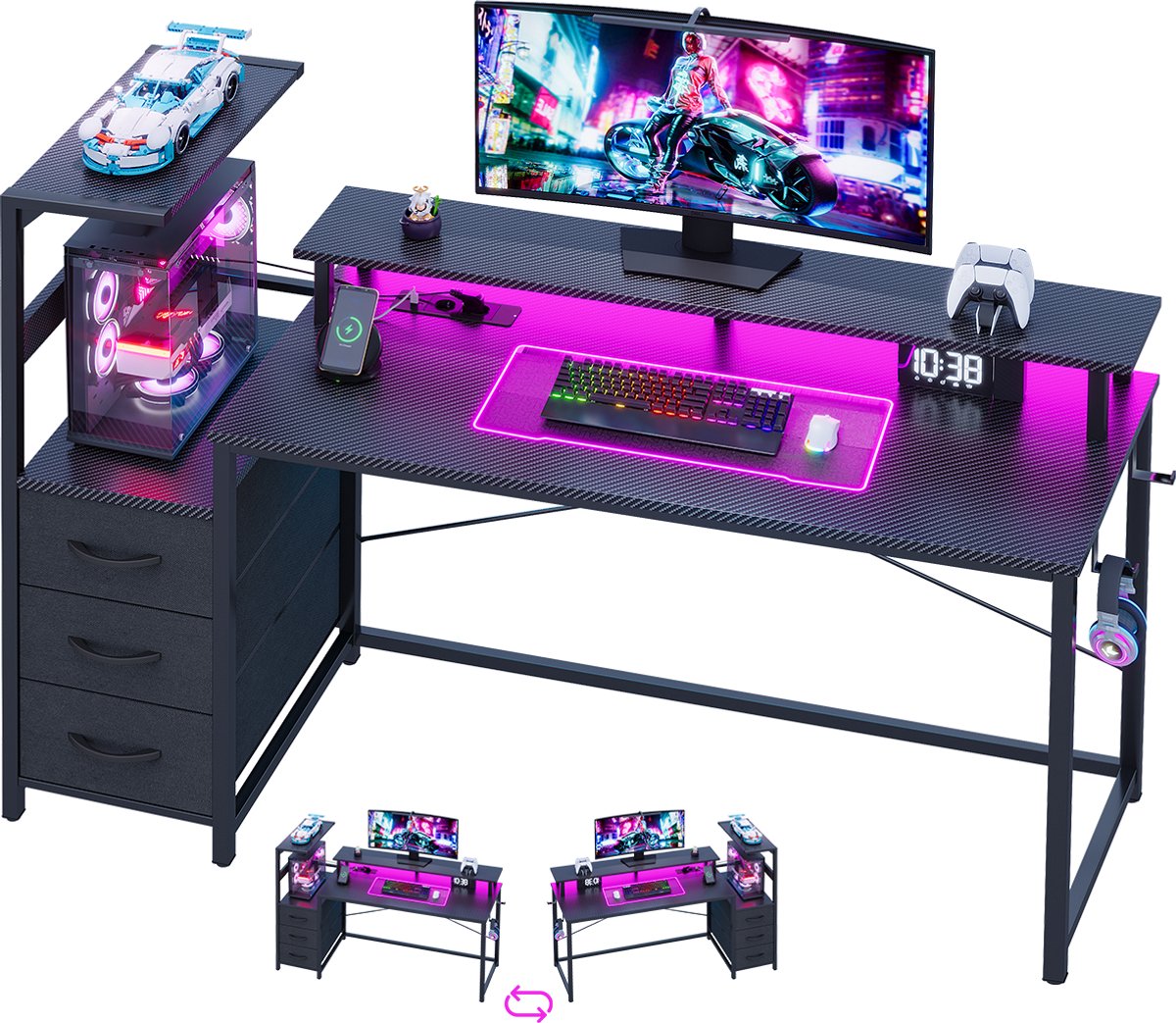 Gaming Bureau met LED Verlichting - 150L x 115H x50B cm - Hoekbureau met Stopcontact - 3 Non Woven Lade - Gaming Desk - Computer Tafel - Gaming Tafel - met Opbergplanken & IJzeren Haak - Zwart - Bureau voor Gamen, Studeren en Werken