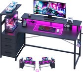 Gaming Bureau met LED Verlichting - 150L x 115H x50B cm - Hoekbureau met Stopcontact - 3 Non Woven Lade - Gaming Desk - Computer Tafel - Gaming Tafel - met Opbergplanken & IJzeren Haak - Zwart - Bureau voor Gamen, Studeren en Werken