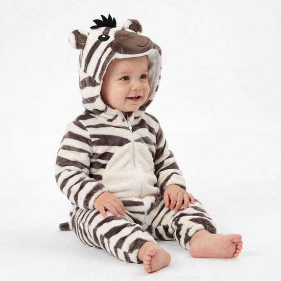 Baby in zebra onesie zit, met witte achtergrond.