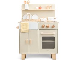 Woet® Houten Speelgoed Kinderkeuken Beige - Speelkeukentje met Pannen, Servies, Groente en Snijplank - Houten Speelkeuken - Werkbladhoogte 55 cm - Rollenspel - Vanaf 3 Jaar