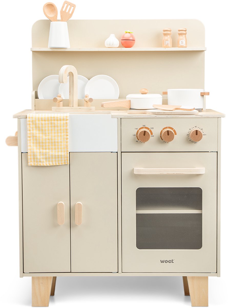 Woet® Houten Speelgoed Kinderkeuken Beige - Speelkeukentje met Pannen, Servies, Groente en Snijplank - Houten Speelkeuken - Werkbladhoogte 55 cm - Rollenspel - Vanaf 3 Jaar