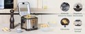 Princess mini friteuse in een keuken, deels open met mand met friet. Bijbehorende icons: vaatwasser, thermostaat, kijkvenster, compact formaat.