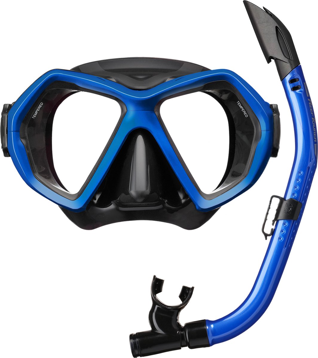 ReefTourer Snorkelmasker Volwassenen - Ergonomisch ontwerp, premium siliconen duikbril met snorkel twee vensters - Zwart/Blauw - RC-0107-BKMBB