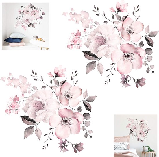 2 stuks Bloemen muursticker - Bloem muurdecoratie sticker - Muursticker bloemen watercolor - Muurdecoratie - wall stickers - Watercolor pink flower and leaf pattern - Self-adhesive - Suitable for living room bedroom TV wall and classroom decoration.