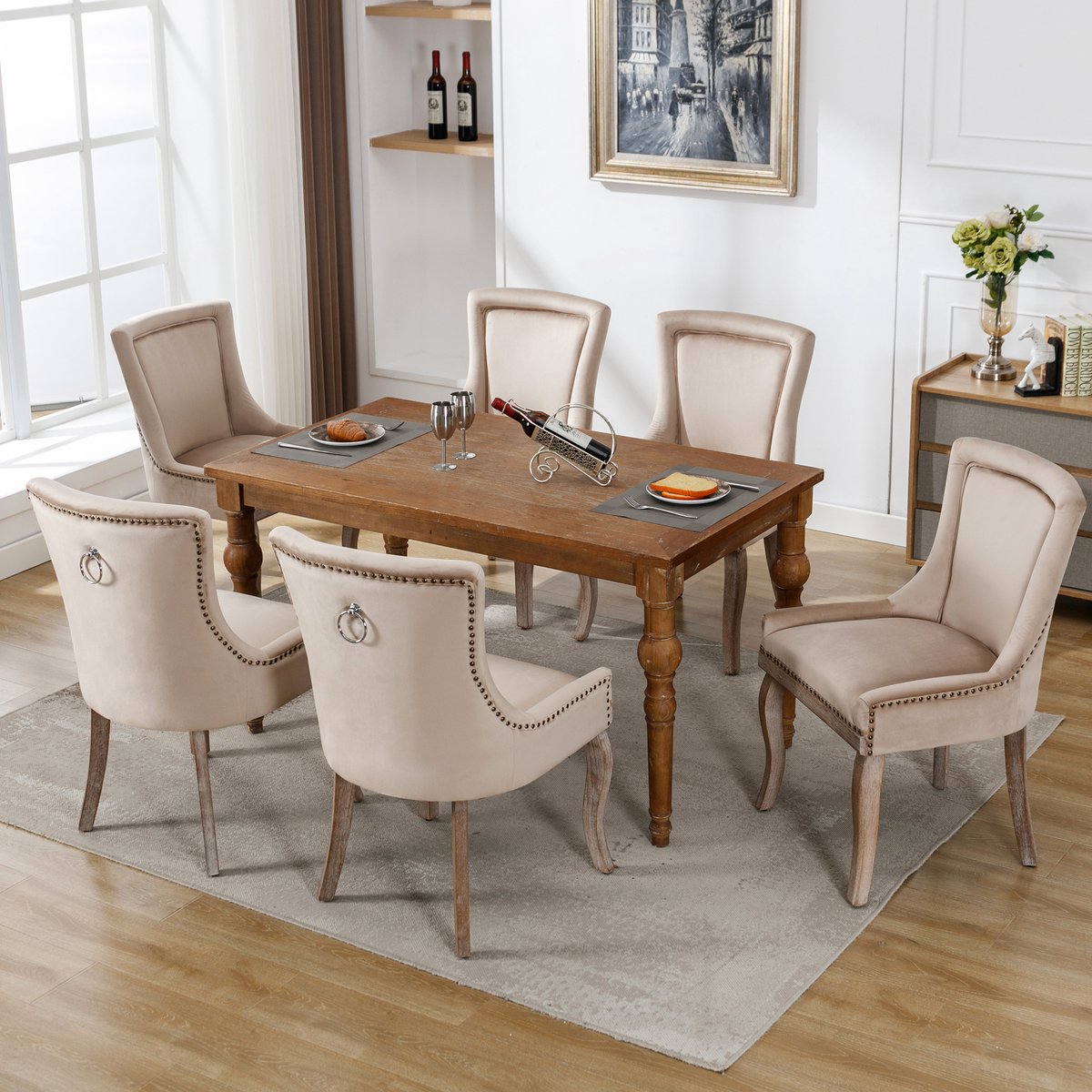MODFU Eetkamerstoel set van 6, fluwelen bekleding, massief houten frame, gestoffeerd, beige