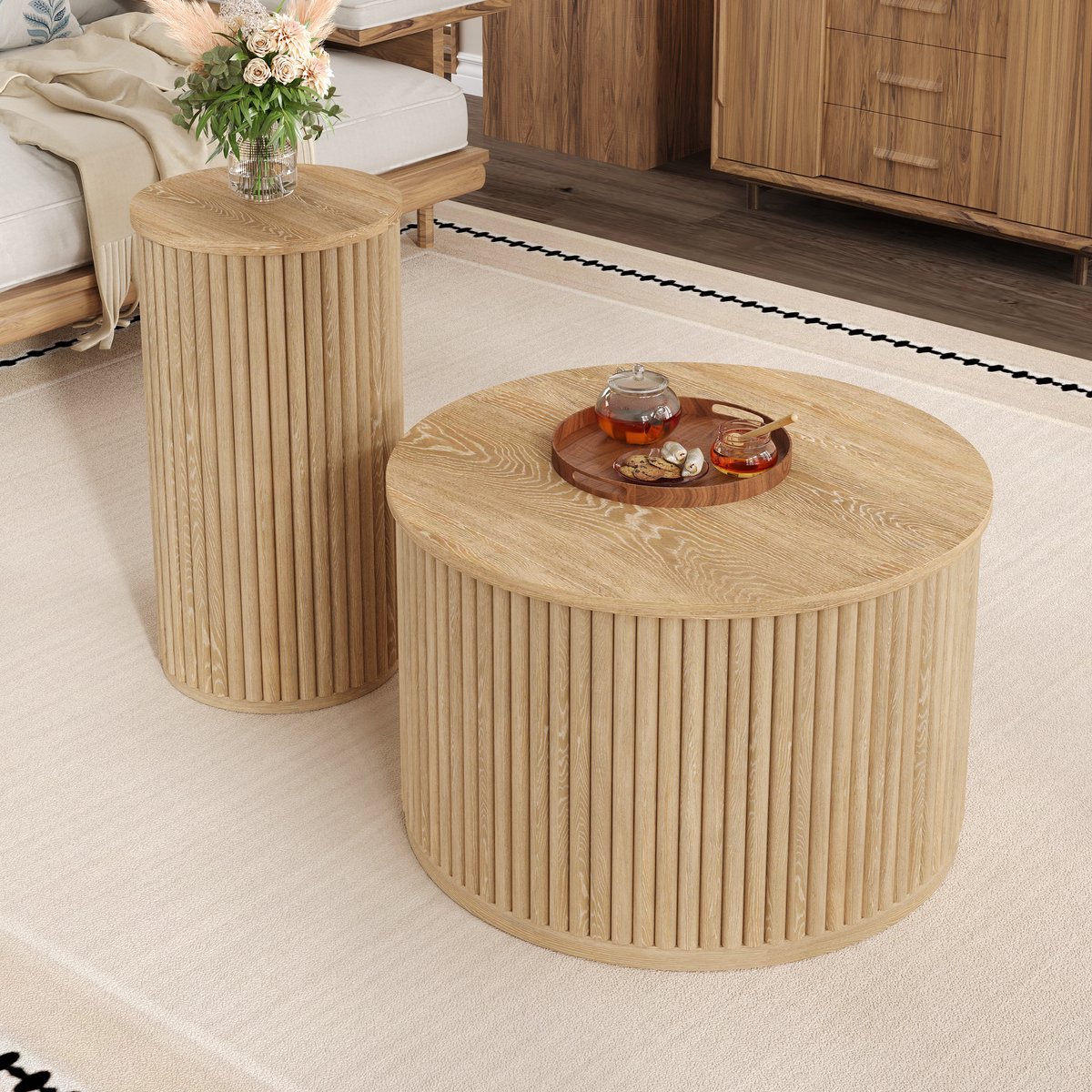 OKWISH Salontafel Set Rond Met 3D Lattenpatroon Voor Woonkamer MDF Naturel 60x60x38,5 En 30x30x56 Cm Natuurlijk