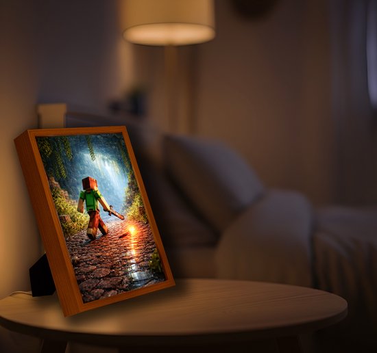 Minecraft Inspired Avonturier – 31×23 cm – Verlicht kunstwerk – LED licht portret nachtlampje – Dimbaar – Sfeerverlichting – Kinder Woon en Slaapkamer Wall Art Decor van NovaPortrait — afbeelding 4