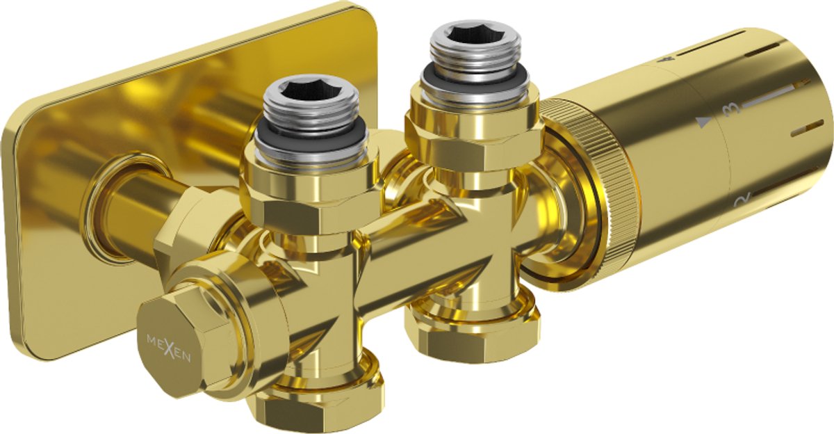 Mexen G05 hoek/recht thermostaatset met afdekking S, Duplex, DN50, goud - W908-958-910-50