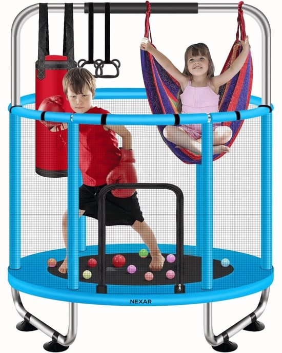 Nexar Trampoline - 140 cm - met Veiligheidsnet & Turnrek - Kinder Trampoline Binnen & Buiten - Inclusief Bokszak & Ringen - Mini Trampoline