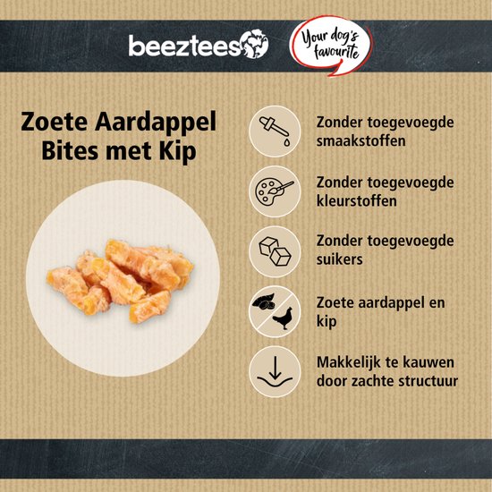 Beeztees Zoete Aardappel Bites met Kip: ingrediënten, analytische bestanddelen en zacht van structuur.
