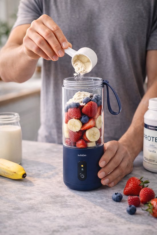 Swissbex Draagbare Mini Blender & Juicer - 400 ml - USB-C Oplaadbaar - Smoothies To Go - Donkerblauw van SwissBex — afbeelding 2