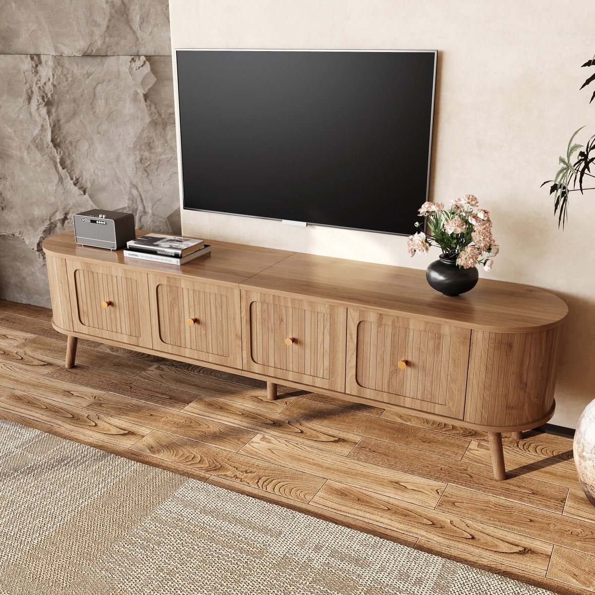 OKWISH Tv Meubel - Vintage Eikenlook - 4 Klepdeuren - Retro Voor Woonkamer - MDF Eikenkleur - 180x38x47 Cm