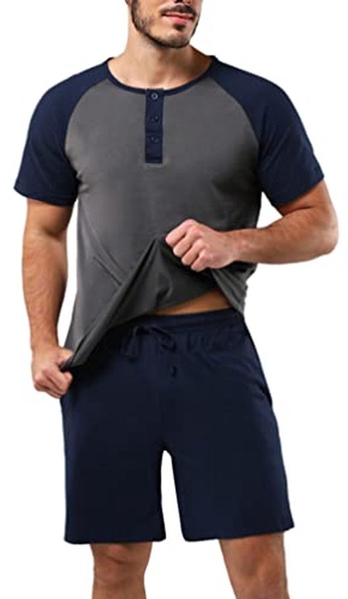 Korte Herenpyjama 100% Katoen - Loungewear met T-shirt en Broek met Zakken - Ideaal voor Zomer