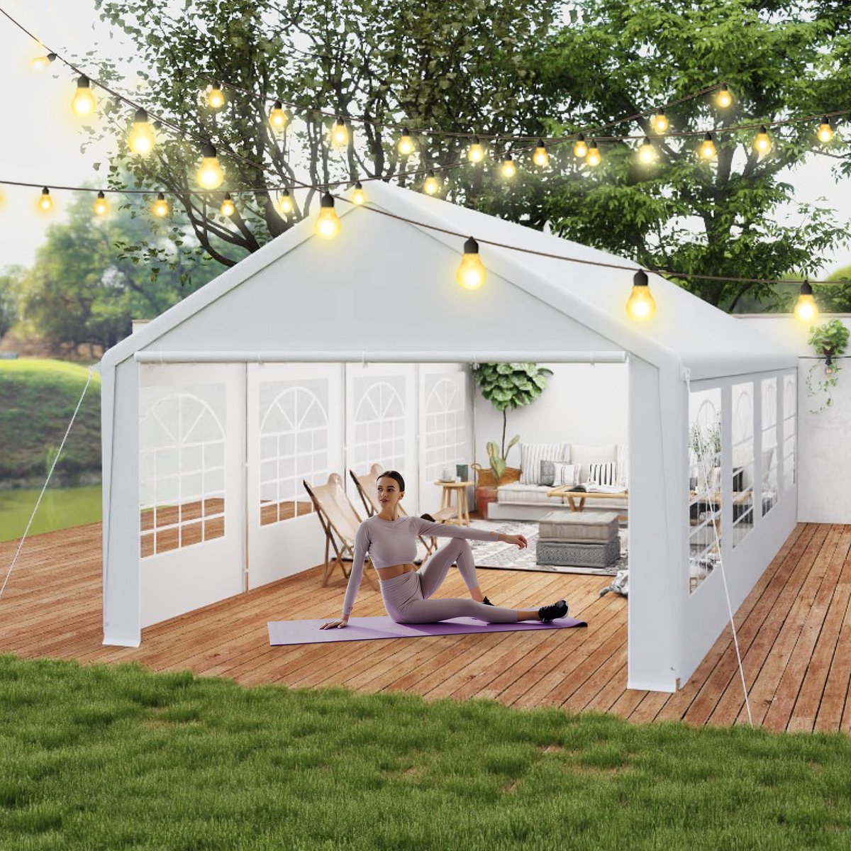 Aufun Paviljoen 4x8m - Wit - Metaal Tuinpaviljoen Met Zijpanelen, Partytent Tuintent voor Feest, Marktkraam & Buiten Camping