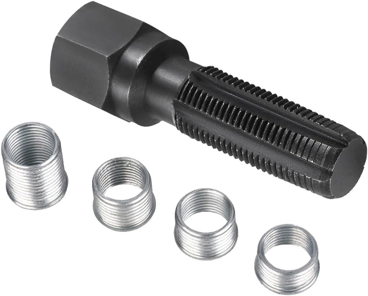 14 mm cilindrische kop schroefdraadreparatieset, M14 x 1.25 automotive koolstofstalen bougieschroefdraad reparatieset, inclusief tap en 4 schroefdraadinzetstukken.