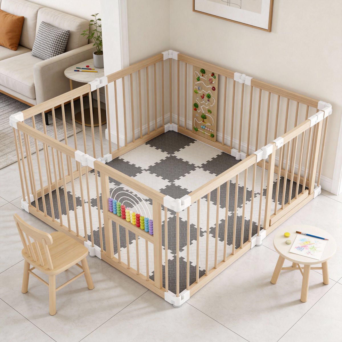 Houten Grondbox Baby – Massief Grenenhout – Veilig, Ongelakt en Stabiel – Met Deurtje en Speelmodules – Eenvoudige Montage & Demontage met Kliksysteem – Flexibel Opvouwbaar en Instelbaar in Verschillende Vormen – Met klimplekken
