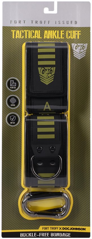 Tactische enkelboeien in verpakking met groene en zwarte accenten. Met logo's en "FORT TROFF ISSUED" opdruk.