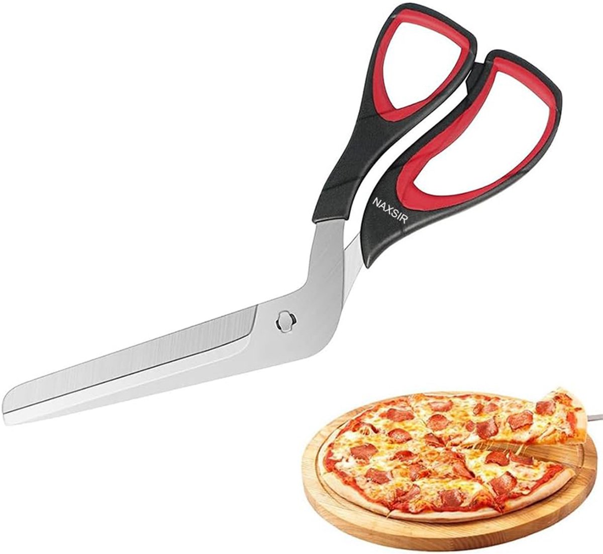 NAXSIR - Pizzaschaar, Multifunctionele keukenschaar, Roestvrij staal, 27 cm, Zwart en rood