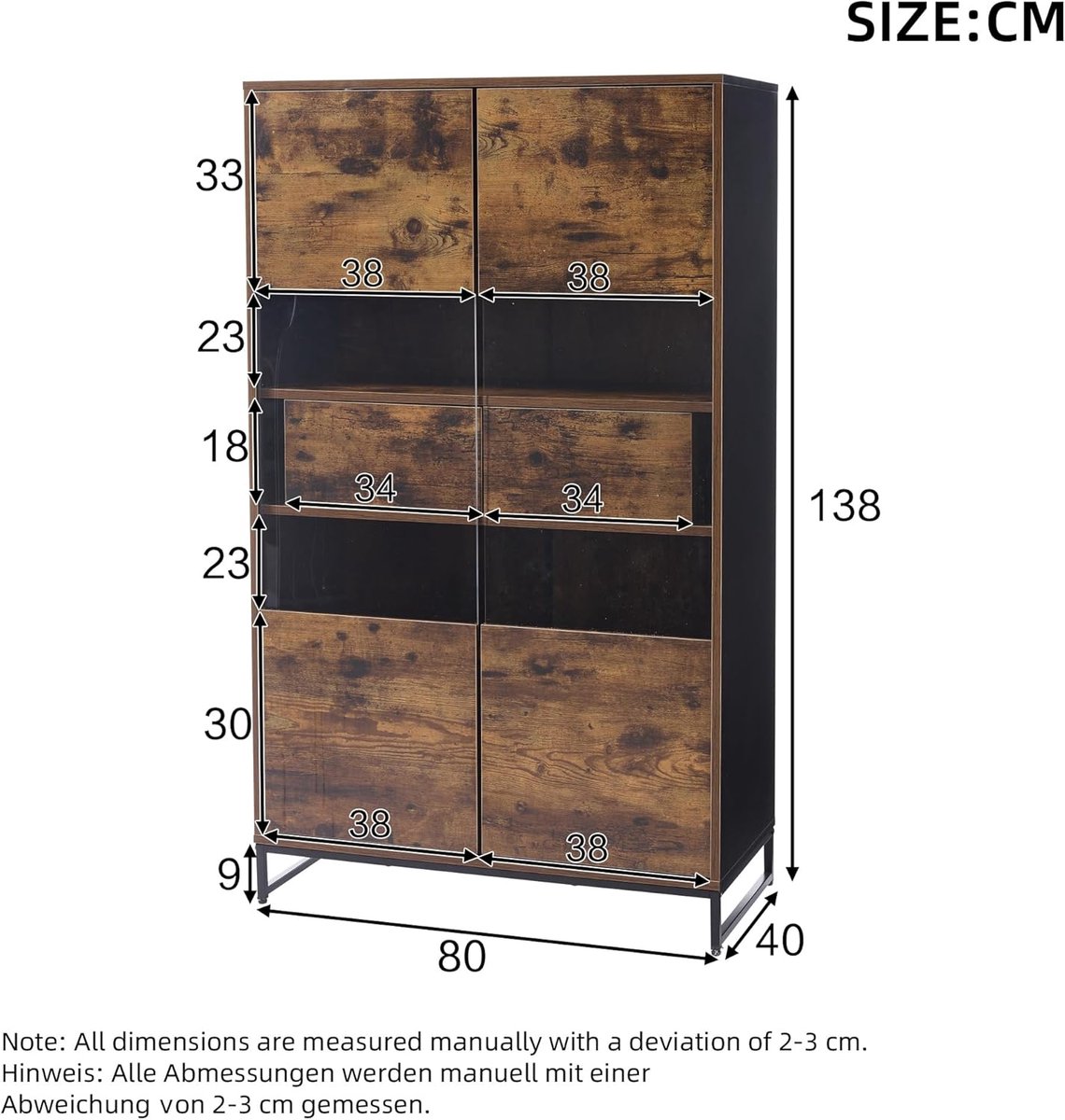Vitrinekast met LED Verlichting – Casa Velluto Lumora Highboard – Transparante Boekenkast met 2 Deuren en 2 Lades – Verzamelvitrine & Wijnkast – 80x40x138 cm – Vintage Bruin