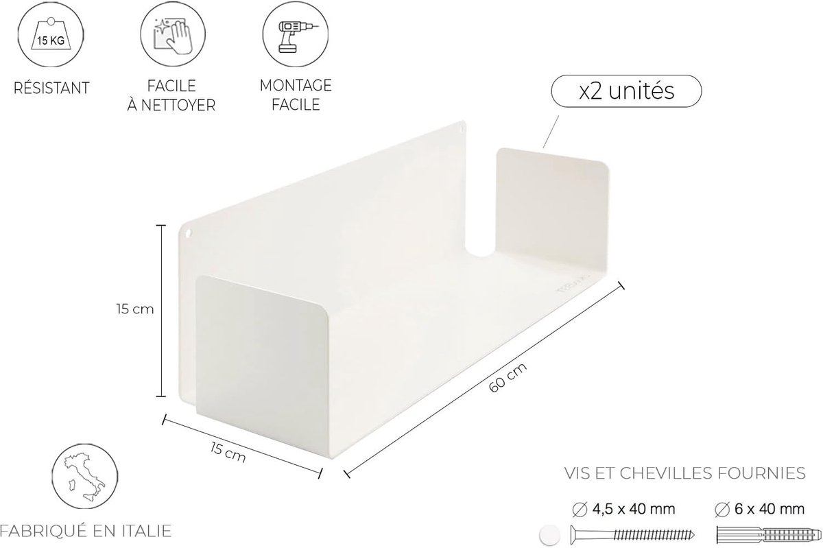 Zwevende Wandplank Set – 2 Casa Velluto Minimalistische Wandplanken 60 cm | Onzichtbaar Design | Boekenplank / Wandbibliotheek | Hoogwaardig Staal | Made in Italy | Wit | Eenvoudige Montage