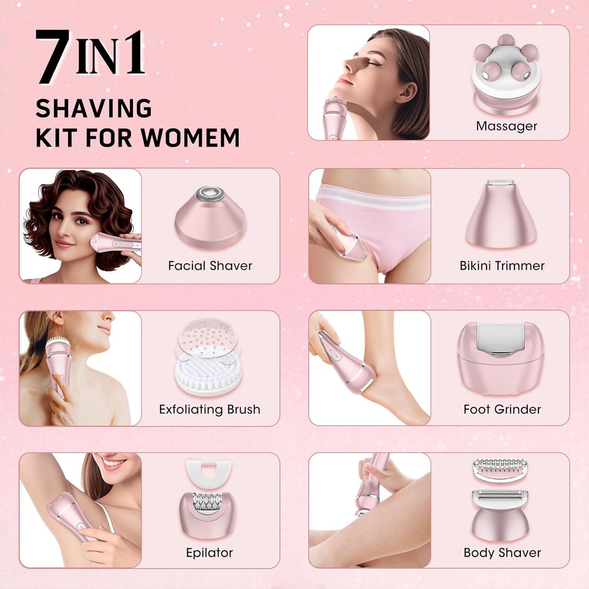 2026 Nieuw 7 in 1 Ladyshaves voor vrouwen - Elektrisch Scheerapparaat - Trimmer voor Vrouwen & Dames - Waterdichte - Zachte Trimmer Voor Lichaam En Gevoelige Zones - Voor Gezicht/Oksels/Benen/Bikinilijn - Roze — afbeelding 6