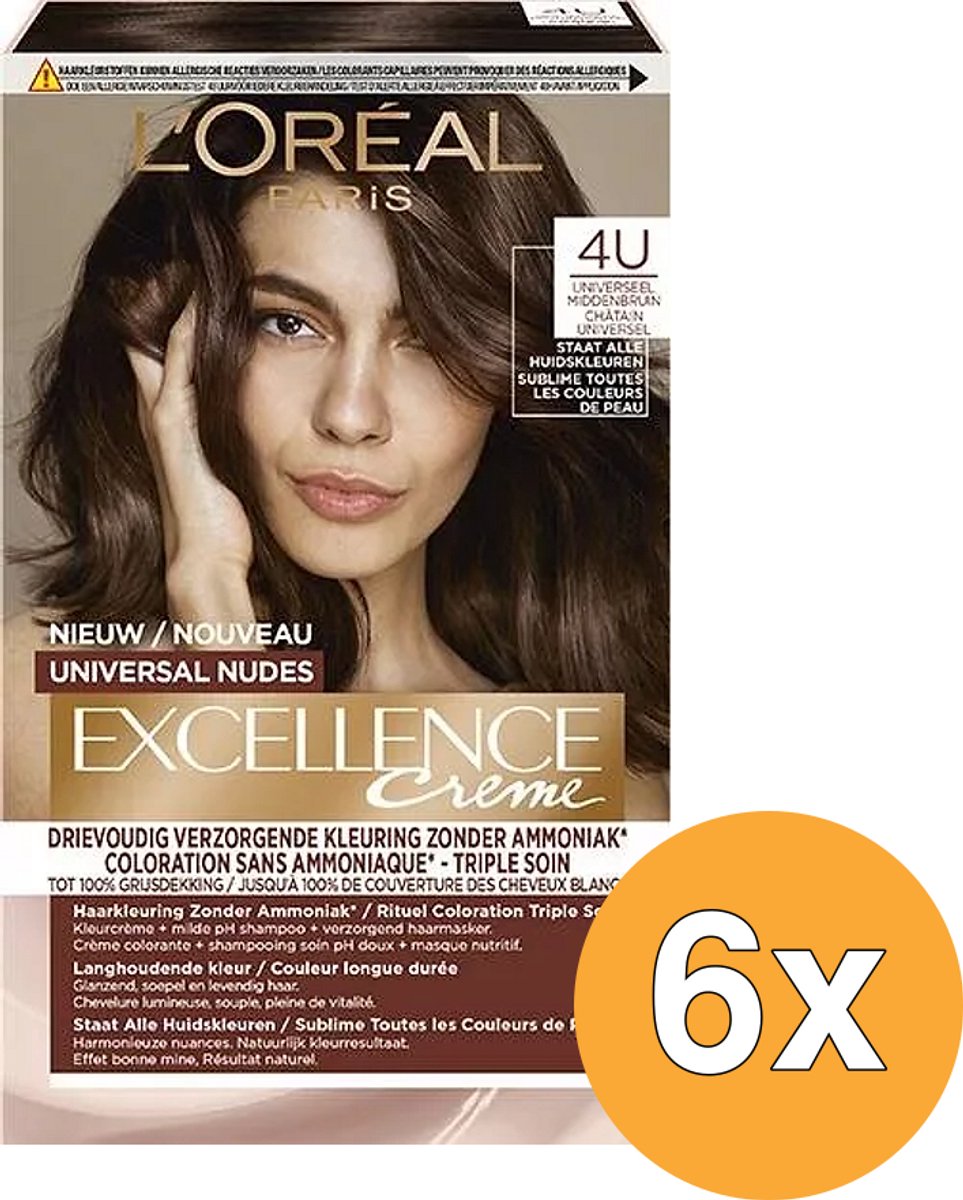 6x L'Oréal Paris Excellence Creme Universal Nudes 4U Bruin (1 stuk)