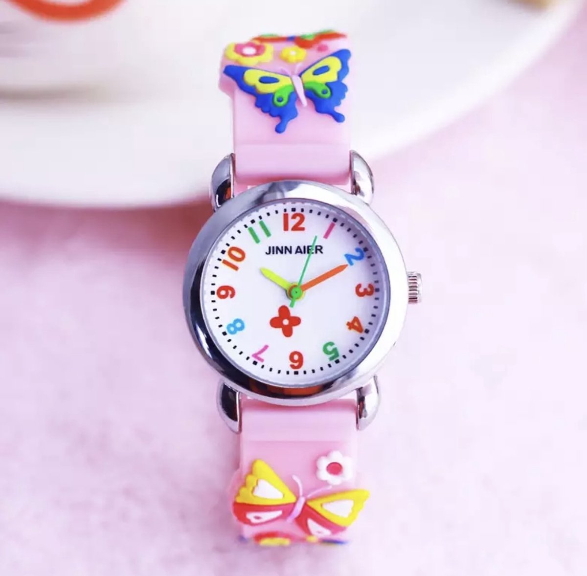 12Getit Kinderhorloge roze met vlinder afbeeldingen op het siliconen bandje