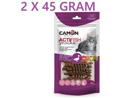 Camon - kattensnack - ** 2 X ** Actifish snacks 45 gr= 90 GR** eend 30% - zalm 10% en kip 5% ** kattengras en rozemarijn -TANDVERZORGEND - HAARBALREMOVER - PLAY & EAT
