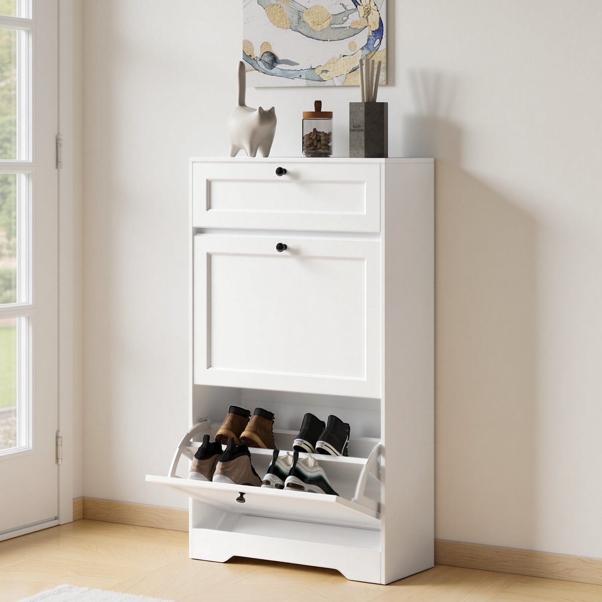 Xbro Schoenenkast met 2 Klapdeuren en 1 Lades – Dubbele Diepte – Modern Schoenenrek met Bovenplank – Voor Hal & Slaapkamer – 60 x 24 x 102 cm – Wit