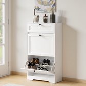 Xbro Schoenenkast met 2 Klapdeuren en 1 Lades – Dubbele Diepte – Modern Schoenenrek met Bovenplank – Voor Hal & Slaapkamer – 60 x 24 x 102 cm – Wit