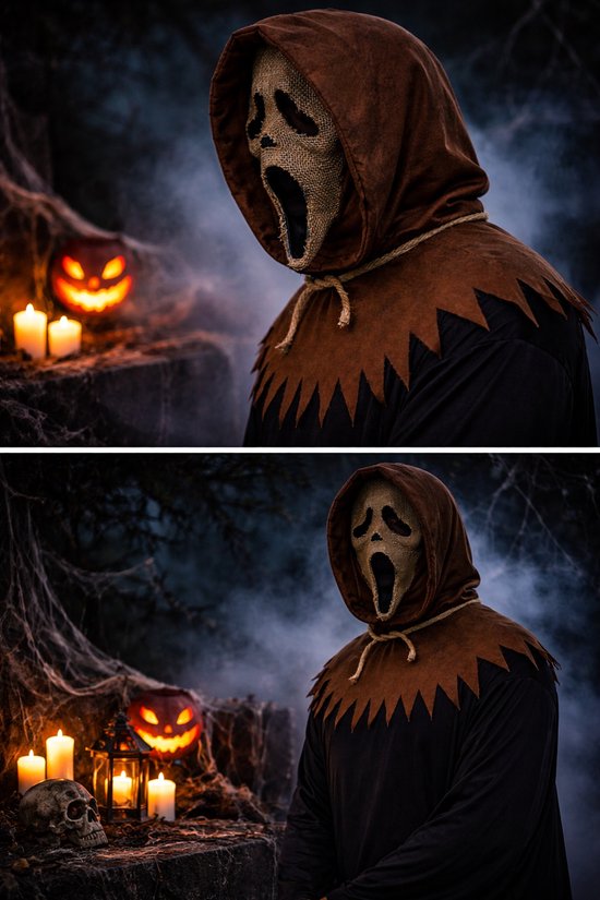 Een eng masker met een bruine capuchon en een open mond, in een enge, rokerige omgeving met pompoenen en kaarsen.