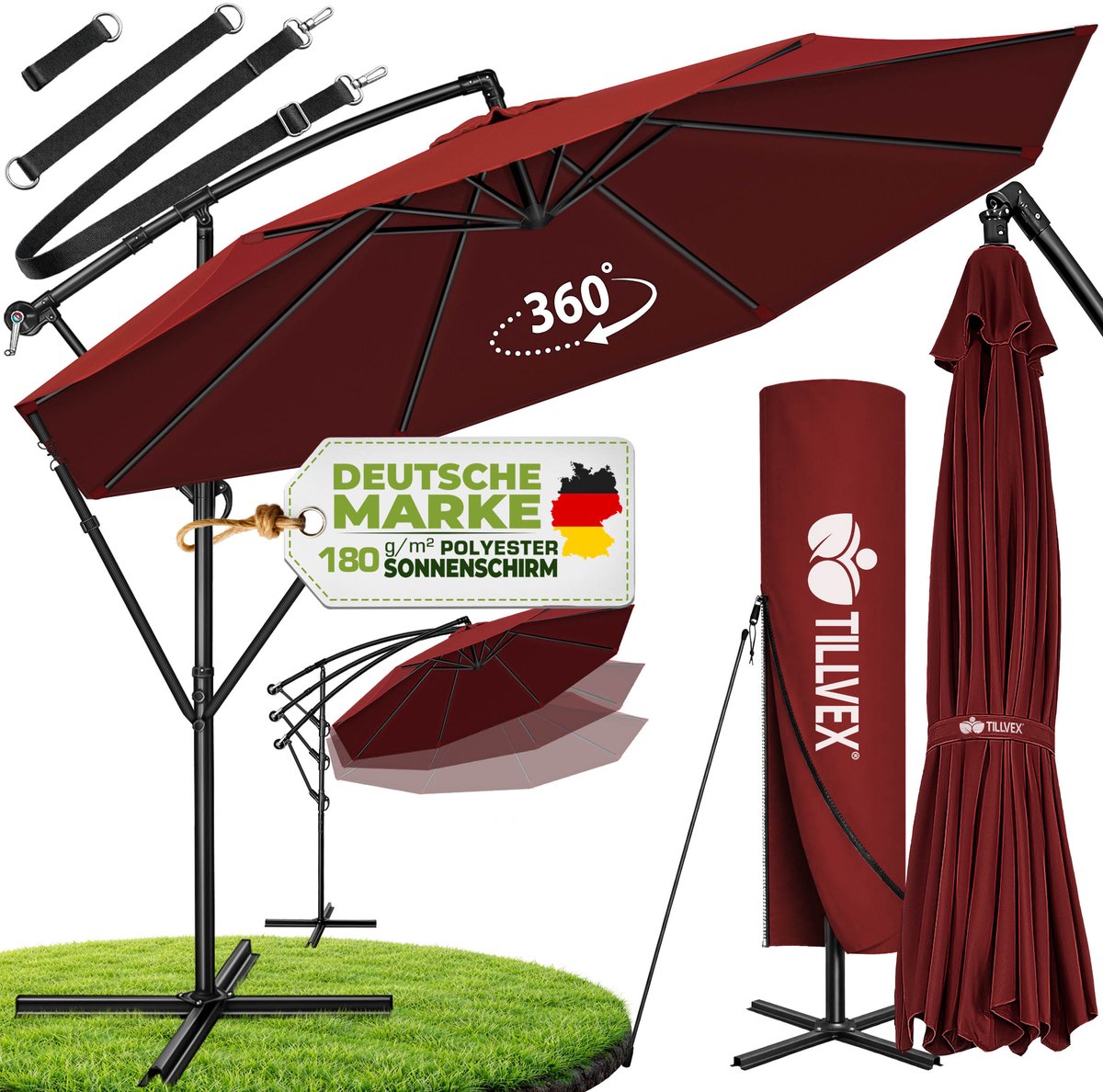 tillvex Parasol Ø 300 cm met zwengel + hoes + windbescherming | Zweefparasol met standaard | Tuinscherm UV-bescherming | Aluminium Zonnescherm | Waterdicht Marktscherm