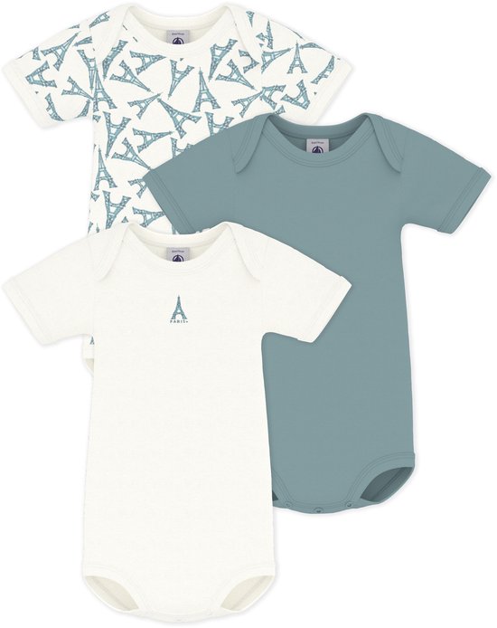 Petit Bateau Setje van katoenen babybody's met korte mouwen en Eiffeltorenprint Unisex Rompertje - Groen + Wit/Groen + Wit/Groen