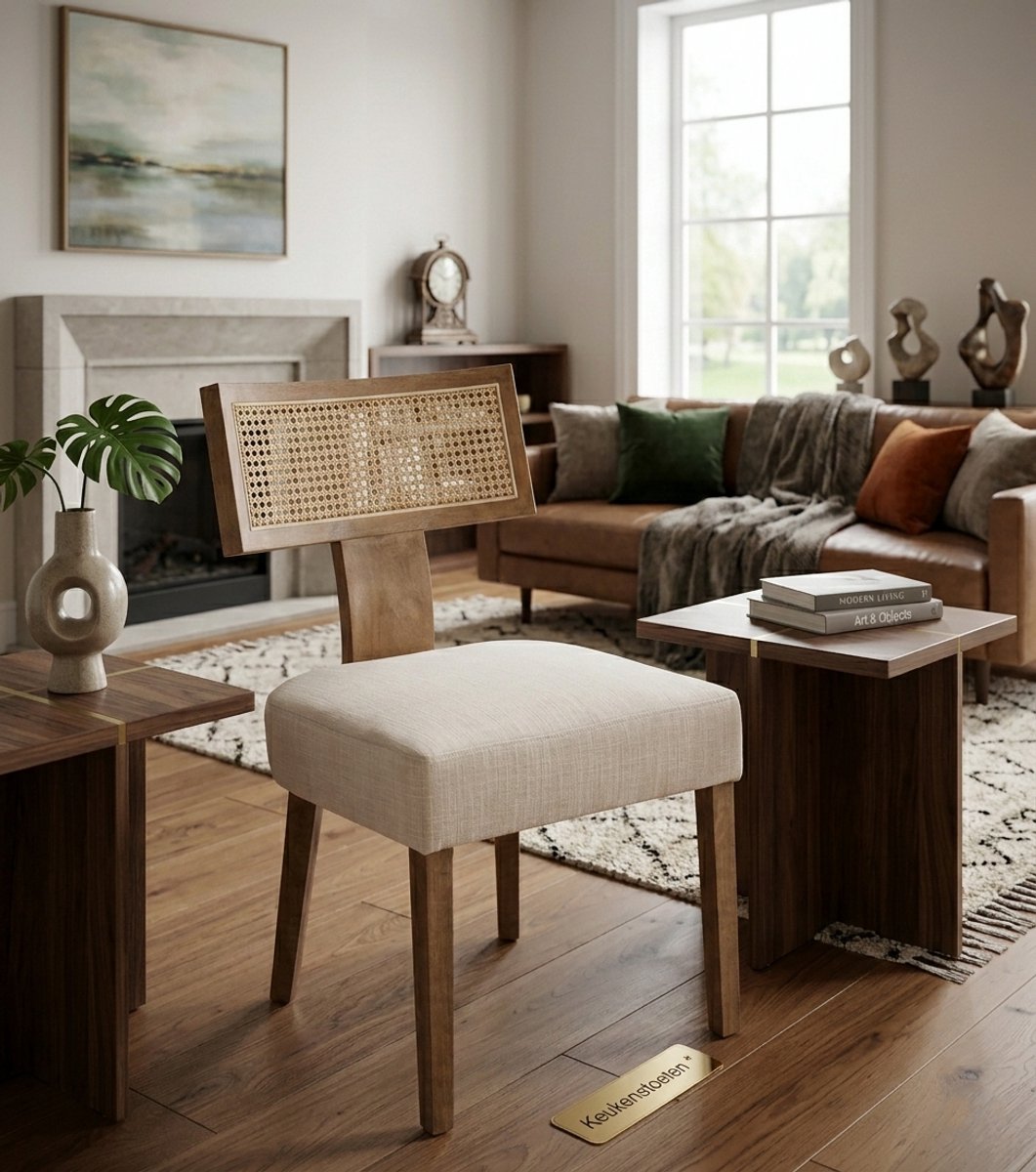 Elara Rotan Eetkamerstoelen - Set van 2 - Vintage Hout & Rotan - Beige Gestoffeerd - Scandinavische Keukenstoelen - Met Gebogen Rugleuning - Massief Houten Frame - Casa Serena – Afmetingen op aanvr...