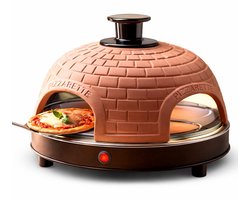 Emerio Pizzarette Origineel - 4 Persoons Pizza Oven - Handgemaakte Terracotta Koepel - 4 Geïsoleerde Bakspatels - RVS Bakplaat - Gourmetstel met Cool touch koepel - PO-115985 900W