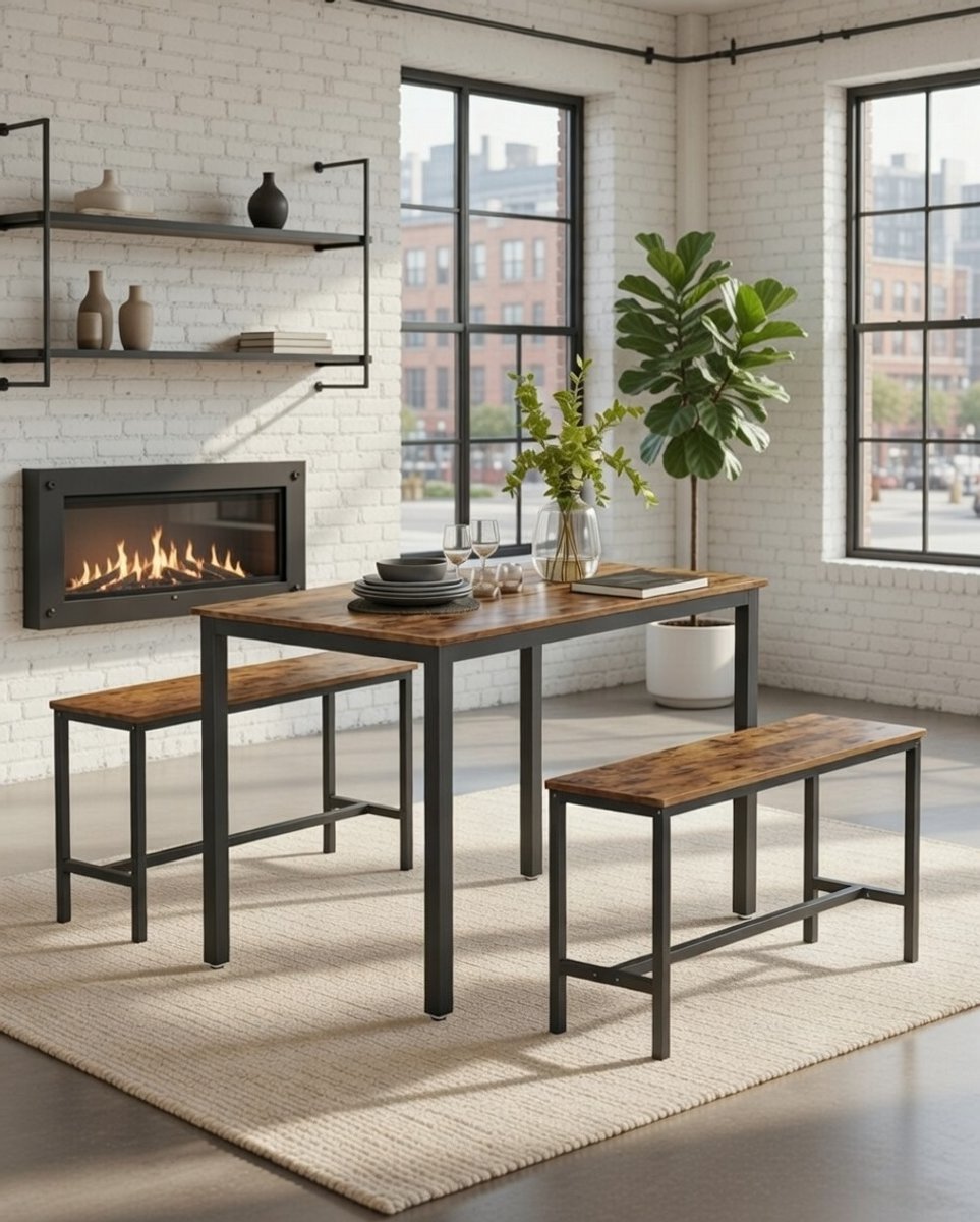 Industriële eettafelset voor 4 personen - Vintage Bruin en Zwart - Tafel 110x70 cm met 2 ruimtebesparende banken - Stalen Frame, Duurzaam & Modern - Keuken- en Woonkamerset Casa Serena