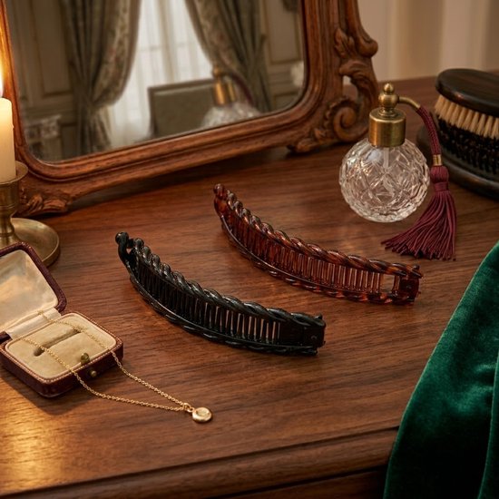 Twee gebogen haarclips, één zwart en één bruin, liggen op een houten tafel.