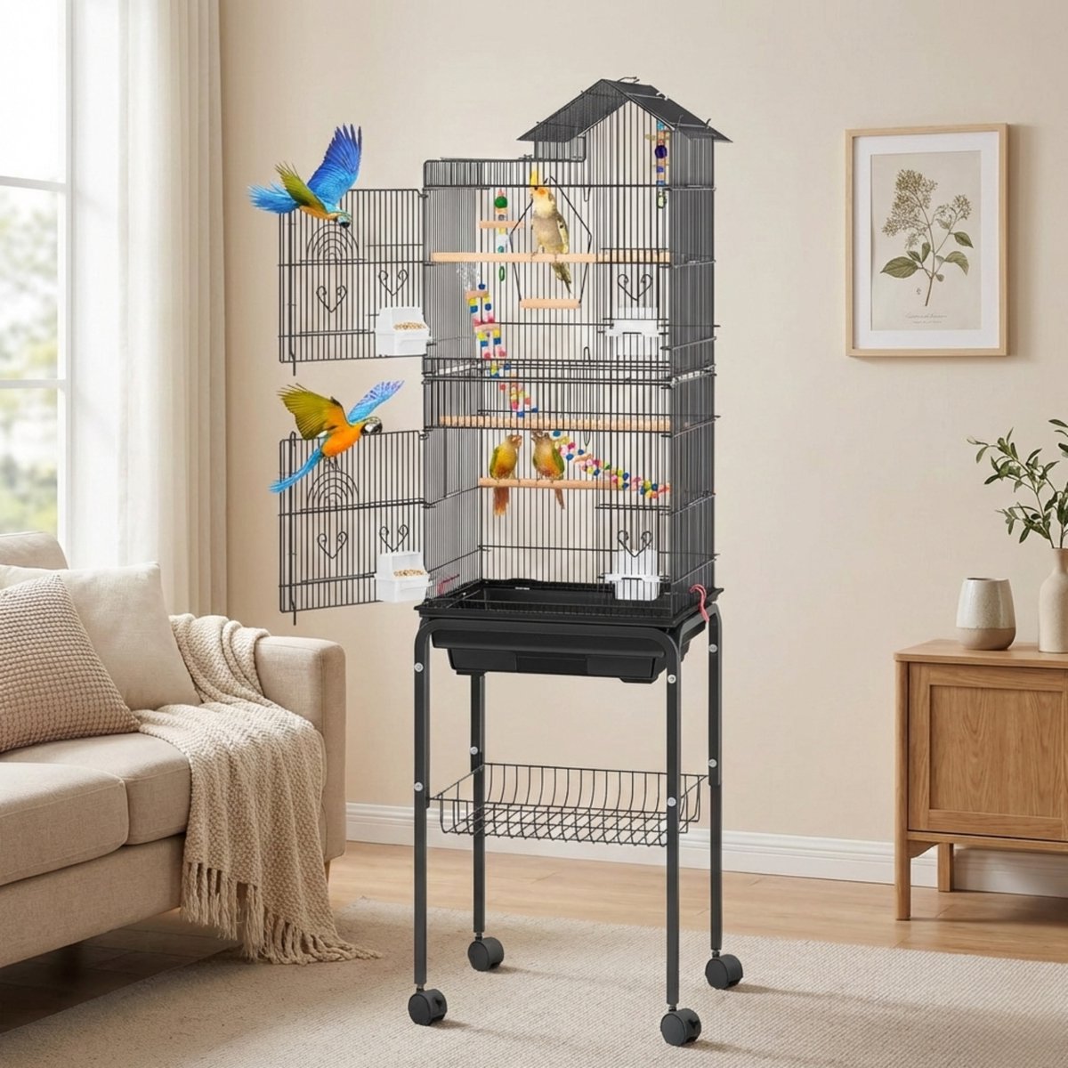 Pawmate Vogelkooi Zwart - Vogelkooi voor Binnen Inclusief Speelgoed - Compacte Voliere - Open Dak - 89x44x35 cm - Tafelmodel zonder Onderstel