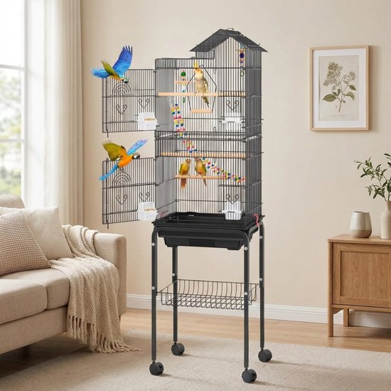 Cage à oiseaux Pawmate Noir - Cage à oiseaux d'intérieur avec jeux inclus - Volière compacte - Toit ouvert - 89x44x35 cm - Modèle de table sans base